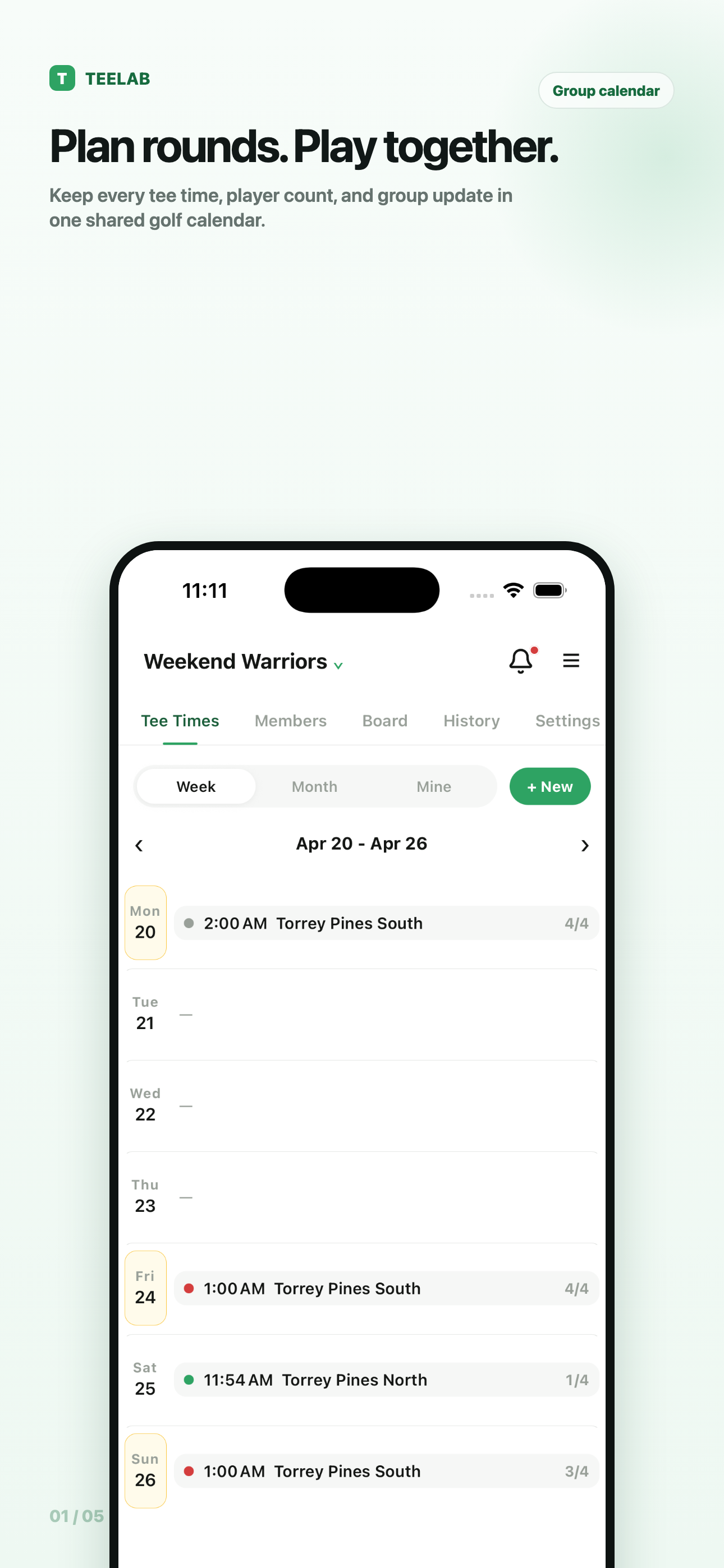 TeeLab group tee time calendar