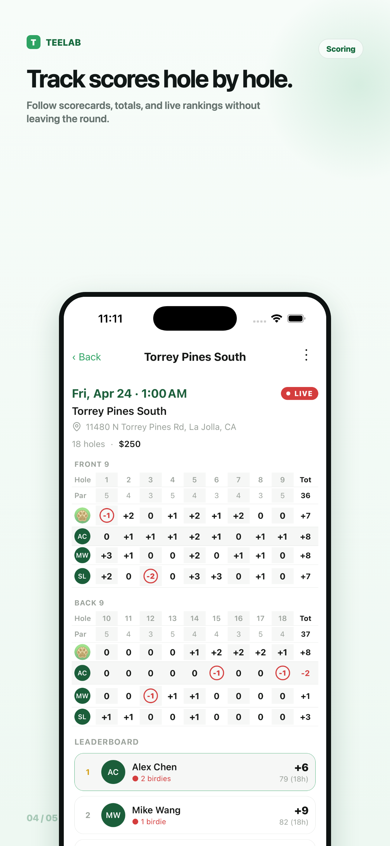 TeeLab scorecard and leaderboard